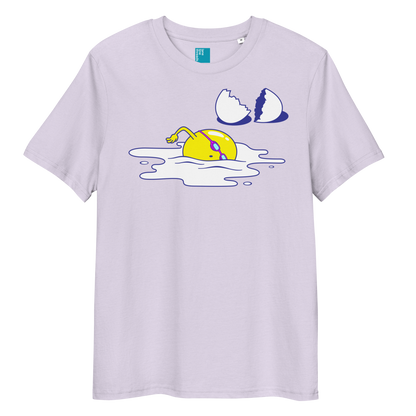Lavender organic funny swim shirt with cartoon egg swimmer design, eco-friendly biodegradable cotton tee for swimmers
