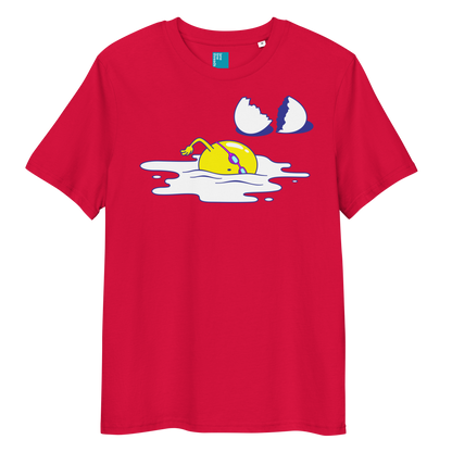 Red organic funny swim shirt with cartoon egg swimmer design, eco-friendly biodegradable cotton tee for swimmers