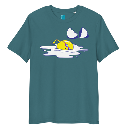 Blue organic funny swim shirt with cartoon egg swimmer design, eco-friendly biodegradable cotton tee for swimmers
