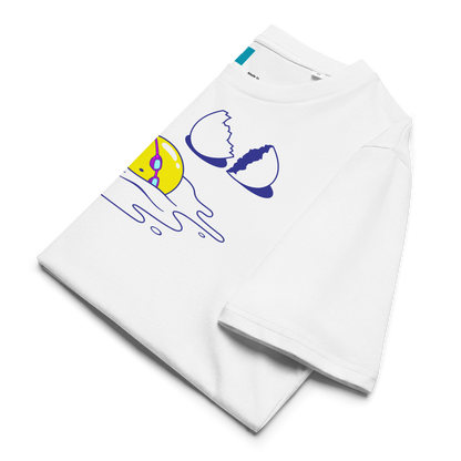 White organic funny swim shirt with colorful graphic design on a white background