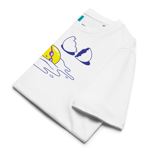White organic funny swim shirt with colorful graphic design on a white background