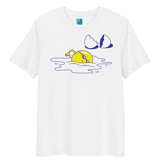 White organic funny swim shirt with cartoon egg swimmer design, eco-friendly biodegradable cotton tee for swimmers.