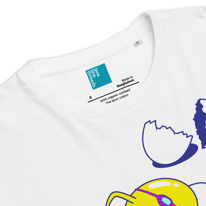 White organic funny swim shirt with colorful graphic design and brand label on a white background