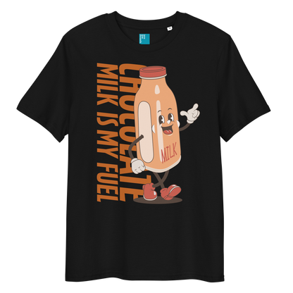 Black organic funny swim shirt with “Chocolate Milk Is My Fuel” design featuring vintage cartoon chocolate milk bottle, eco-friendly funny swim shirt for swimmers
