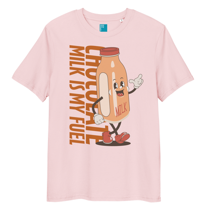 Pink organic funny swim shirt with “Chocolate Milk Is My Fuel” design featuring vintage cartoon chocolate milk bottle, eco-friendly funny swim shirt for swimmers
