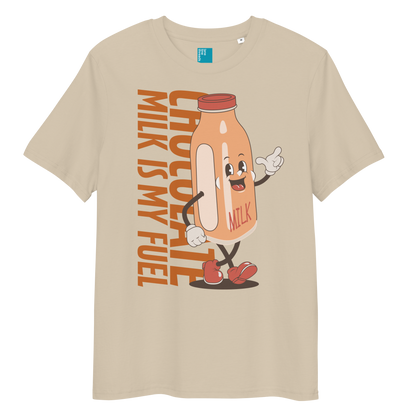 Beige organic funny swim shirt with “Chocolate Milk Is My Fuel” design featuring vintage cartoon chocolate milk bottle, eco-friendly funny swim shirt for swimmers