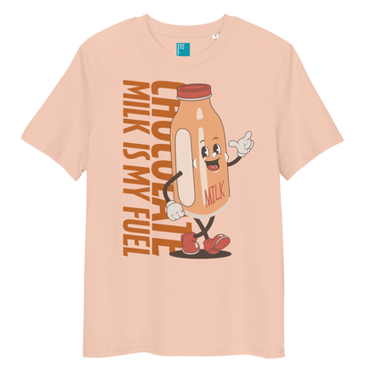 Peach organic funny swim shirt with “Chocolate Milk Is My Fuel” design featuring vintage cartoon chocolate milk bottle, eco-friendly funny swim shirt for swimmers