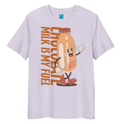 Lavender organic funny swim shirt with “Chocolate Milk Is My Fuel” design featuring vintage cartoon chocolate milk bottle, eco-friendly funny swim shirt for swimmers