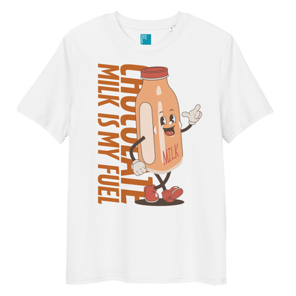 White organic funny swim shirt with “Chocolate Milk Is My Fuel” design featuring vintage cartoon chocolate milk bottle, eco-friendly funny swim shirt for swimmers