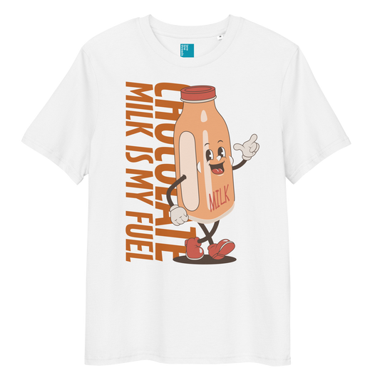 White organic funny swim shirt with “Chocolate Milk Is My Fuel” design featuring vintage cartoon chocolate milk bottle, eco-friendly funny swim shirt for swimmers