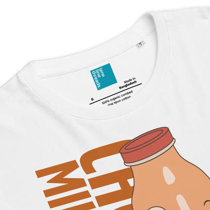 Detail of white organic funny swim shirt with a graphic design and label on a white background