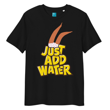 Black organic cotton t-shirt with cartoon swimmer legs and bold text “Just Add Water,” eco-friendly funny swim shirt for swimmers and swim parents