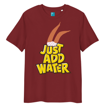 Maroon organic cotton t-shirt with cartoon swimmer legs and bold text “Just Add Water,” eco-friendly funny swim shirt for swimmers and swim parents