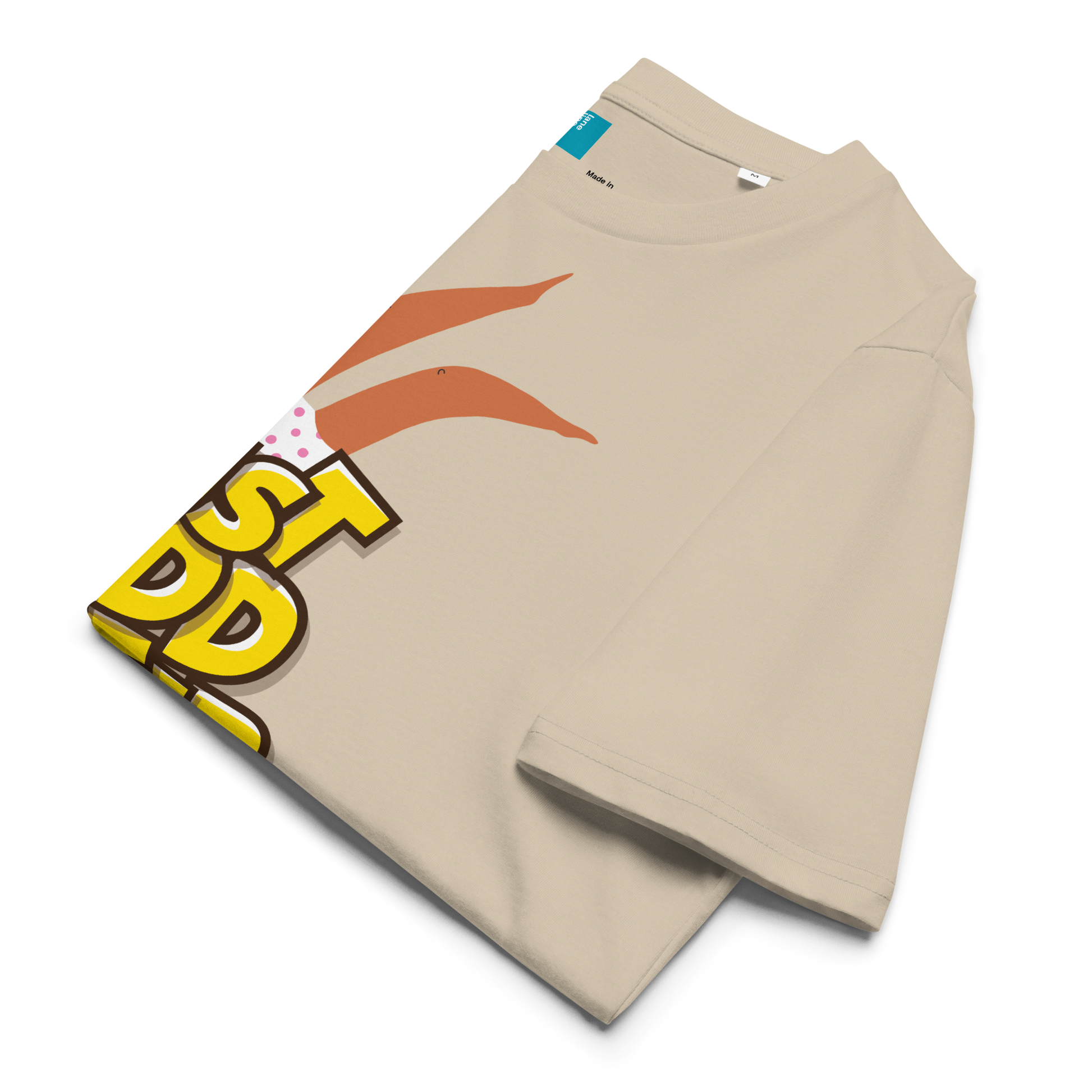 Folded beige organic cotton t-shirt with cartoon swimmer legs and bold text “Just Add Water,” eco-friendly funny swim shirt for swimmers and swim parents