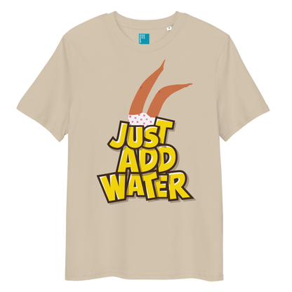 Beige organic cotton t-shirt with cartoon swimmer legs and bold text “Just Add Water,” eco-friendly funny swim shirt for swimmers and swim parents