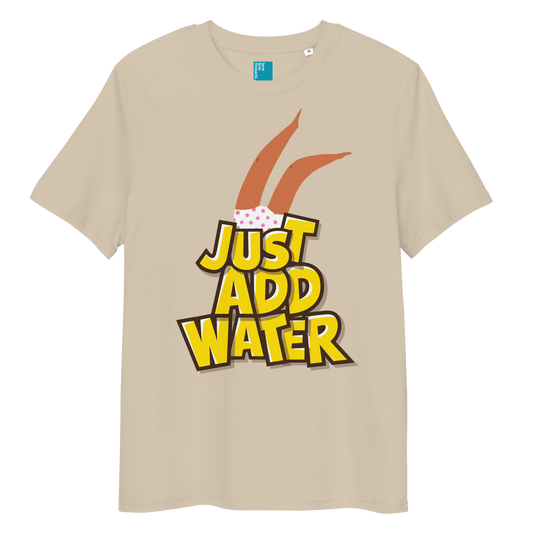 Beige organic cotton t-shirt with cartoon swimmer legs and bold text “Just Add Water,” eco-friendly funny swim shirt for swimmers and swim parents