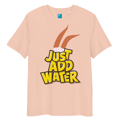 Peach organic cotton t-shirt with cartoon swimmer legs and bold text “Just Add Water,” eco-friendly funny swim shirt for swimmers and swim parents