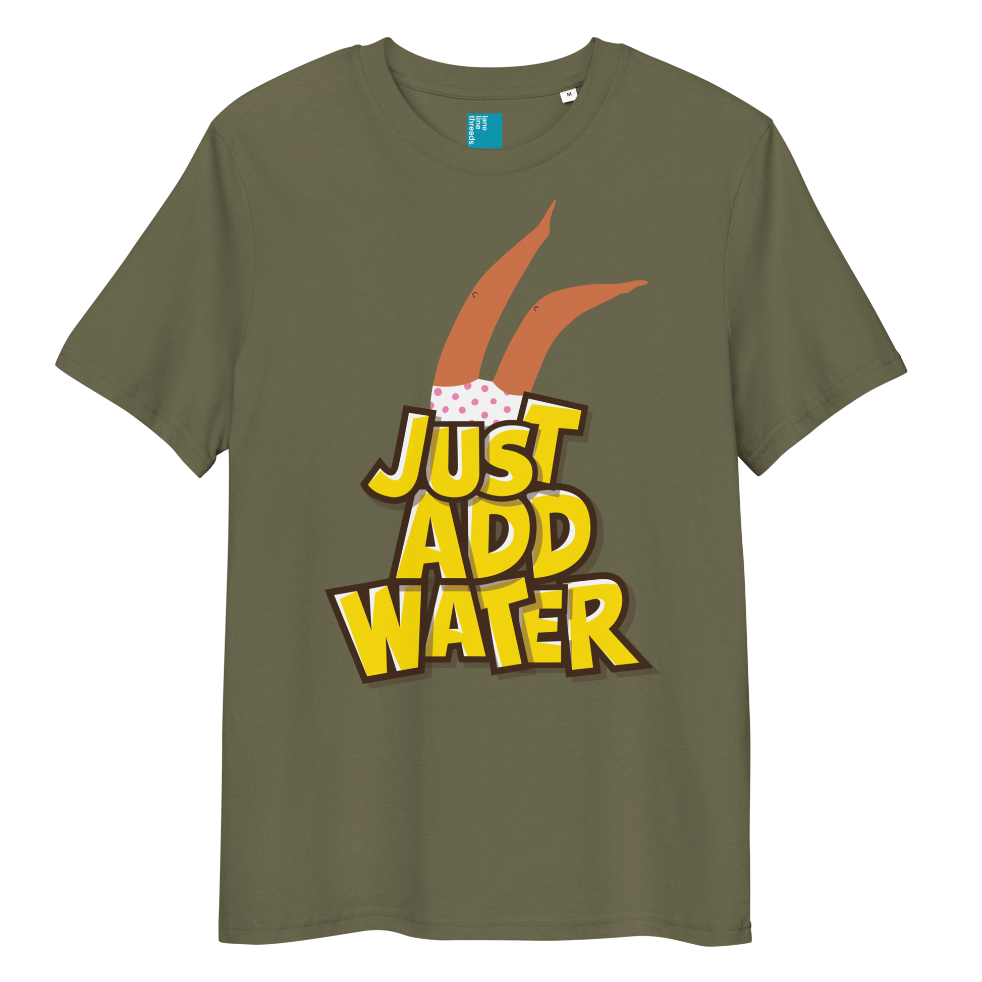 Khaki organic cotton t-shirt with cartoon swimmer legs and bold text “Just Add Water,” eco-friendly funny swim shirt for swimmers and swim parents
