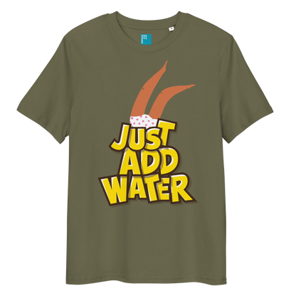 Khaki organic cotton t-shirt with cartoon swimmer legs and bold text “Just Add Water,” eco-friendly funny swim shirt for swimmers and swim parents