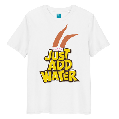 White organic cotton t-shirt with cartoon swimmer legs and bold text “Just Add Water,” eco-friendly funny swim shirt for swimmers and swim parents