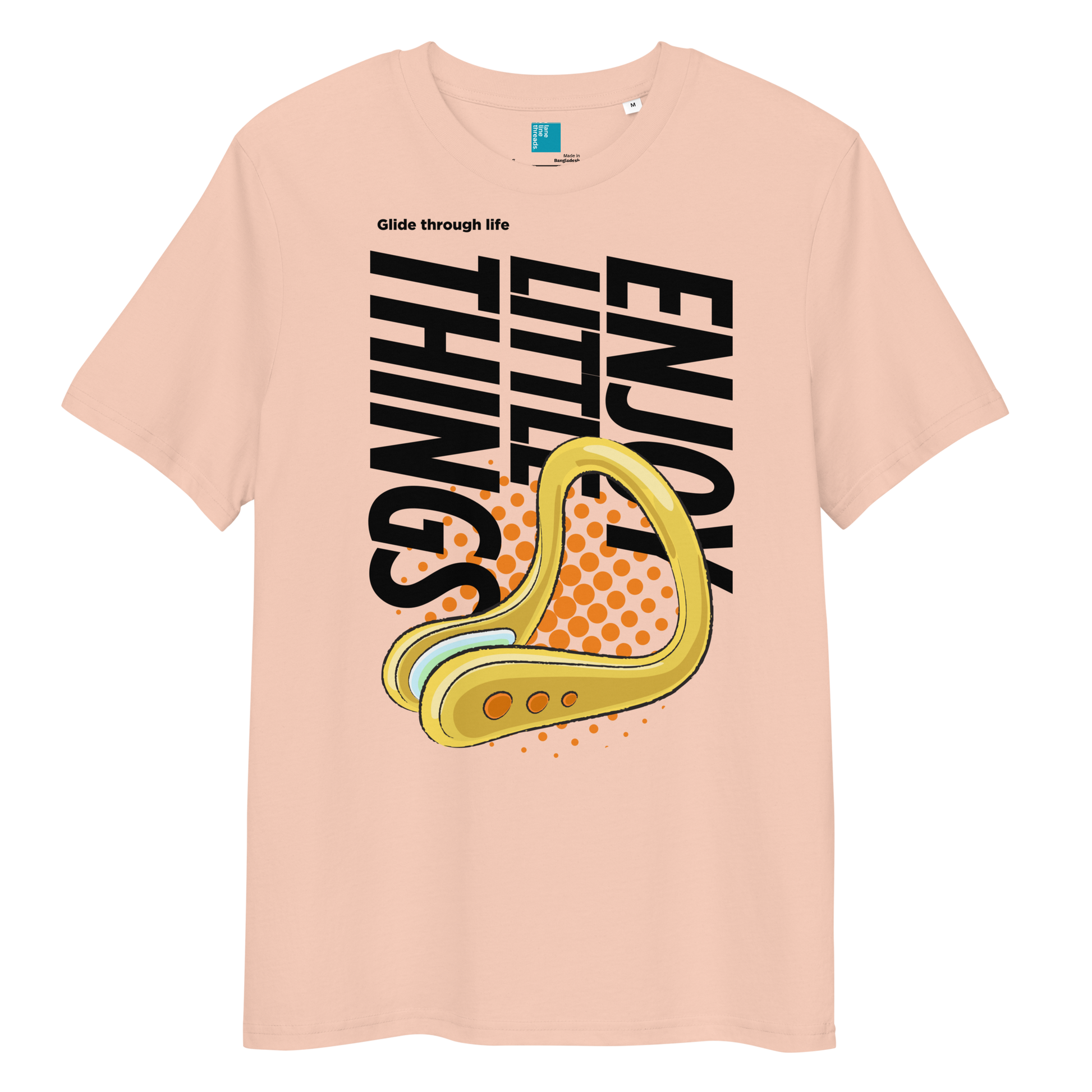 Beige organic funny swim shirt with a graphic design and "Enjoy little things" text on a white background