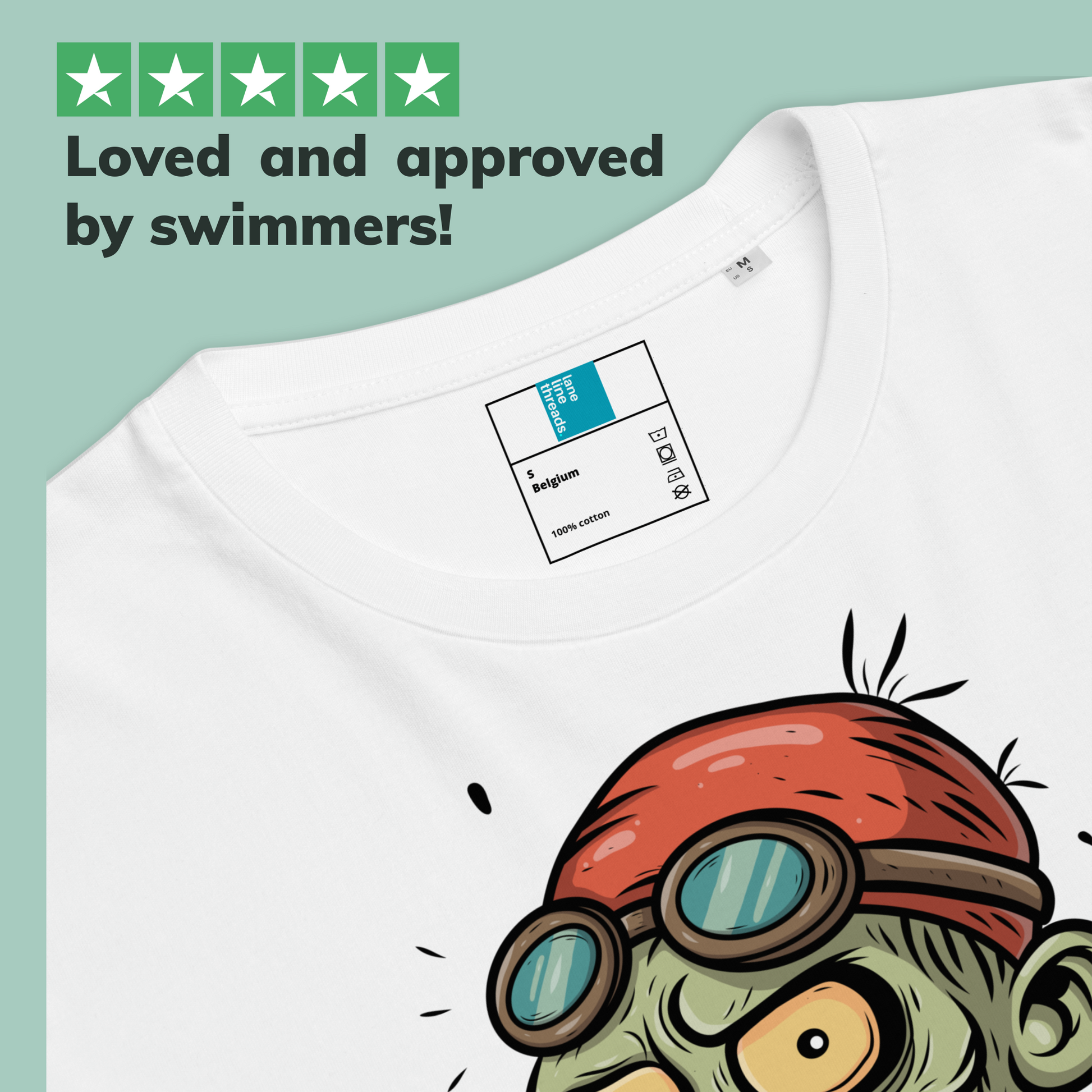 White organic swim shirt with a cartoon zombie swimmer character and Lane Line Threads brand label on a light green background