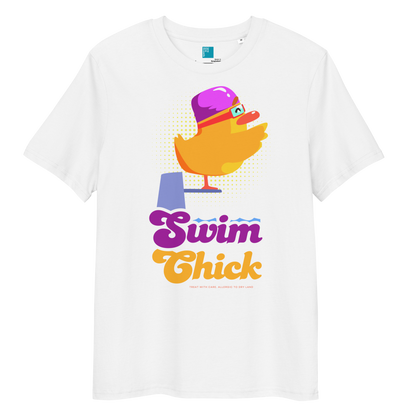white organic funny swim shirt featuring a bright yellow cartoon duck wearing a purple swim cap and goggles, standing on a starting block with the bold retro-style text “Swim Chick.” Made from eco-friendly organic cotton, this breathable and sustainable t-shirt is perfect for competitive swimmers, swim moms, and water-loving athletes who want humor and comfort in and out of the pool.