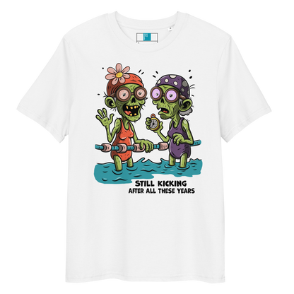 White organic cotton Halloween swim practice shirt with cartoon zombie swim besties holding lane line, text reads ‘still kicking after all these years'
