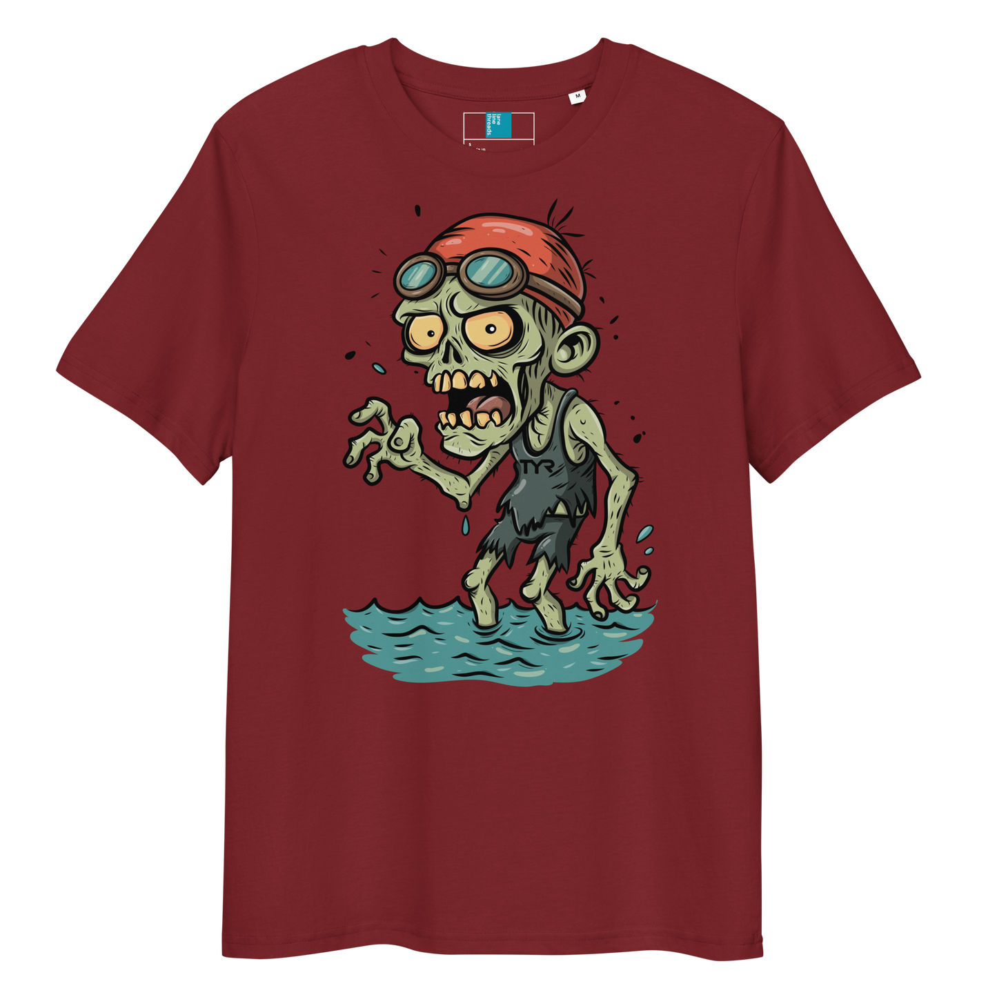 Cartoon zombie swimmer in red cap and blue goggles emerging from water, printed on maroon organic cotton Halloween swim shirt by Lane Line Threads