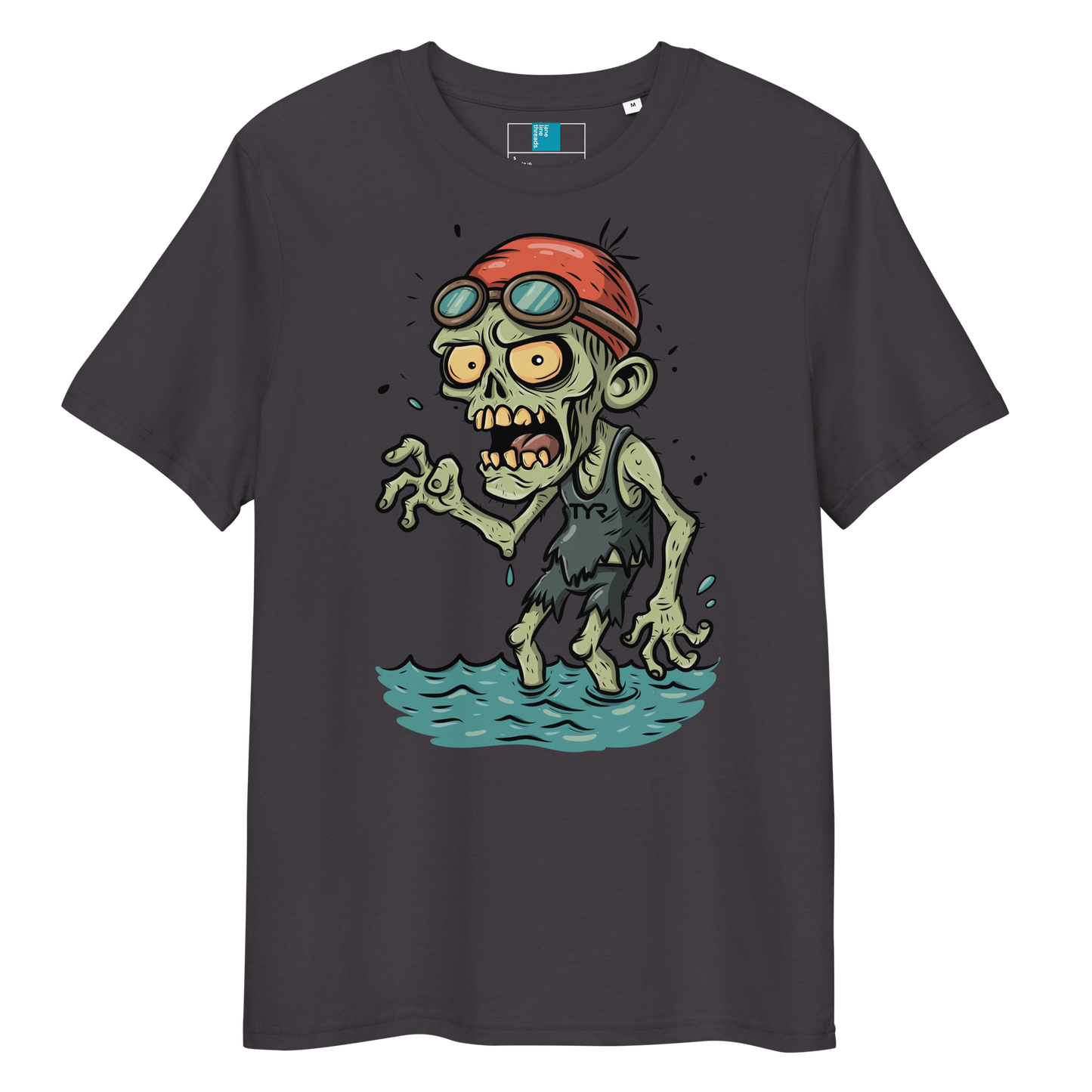 Cartoon zombie swimmer in red cap and blue goggles emerging from water, printed on anthracite organic cotton Halloween swim shirt by Lane Line Threads
