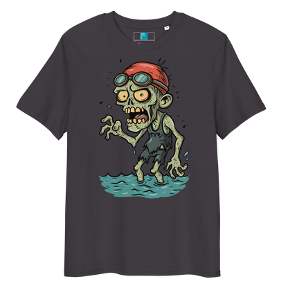 Cartoon zombie swimmer in red cap and blue goggles emerging from water, printed on anthracite organic cotton Halloween swim shirt by Lane Line Threads