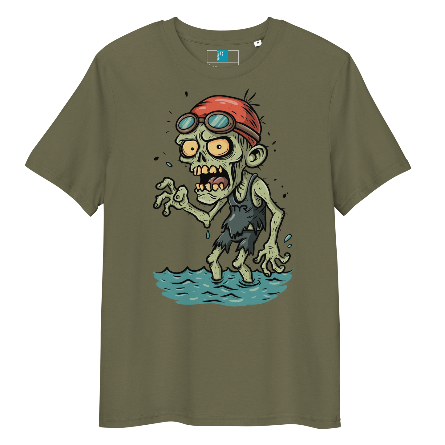 Cartoon zombie swimmer in red cap and blue goggles emerging from water, printed on khaki organic cotton Halloween swim shirt by Lane Line Threads