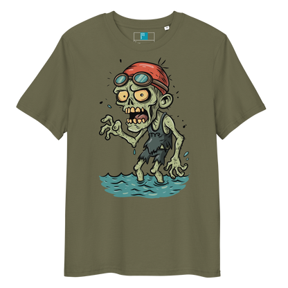 Cartoon zombie swimmer in red cap and blue goggles emerging from water, printed on khaki organic cotton Halloween swim shirt by Lane Line Threads