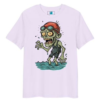 Cartoon zombie swimmer in red cap and blue goggles emerging from water, printed on lavender organic cotton Halloween swim shirt by Lane Line Threads
