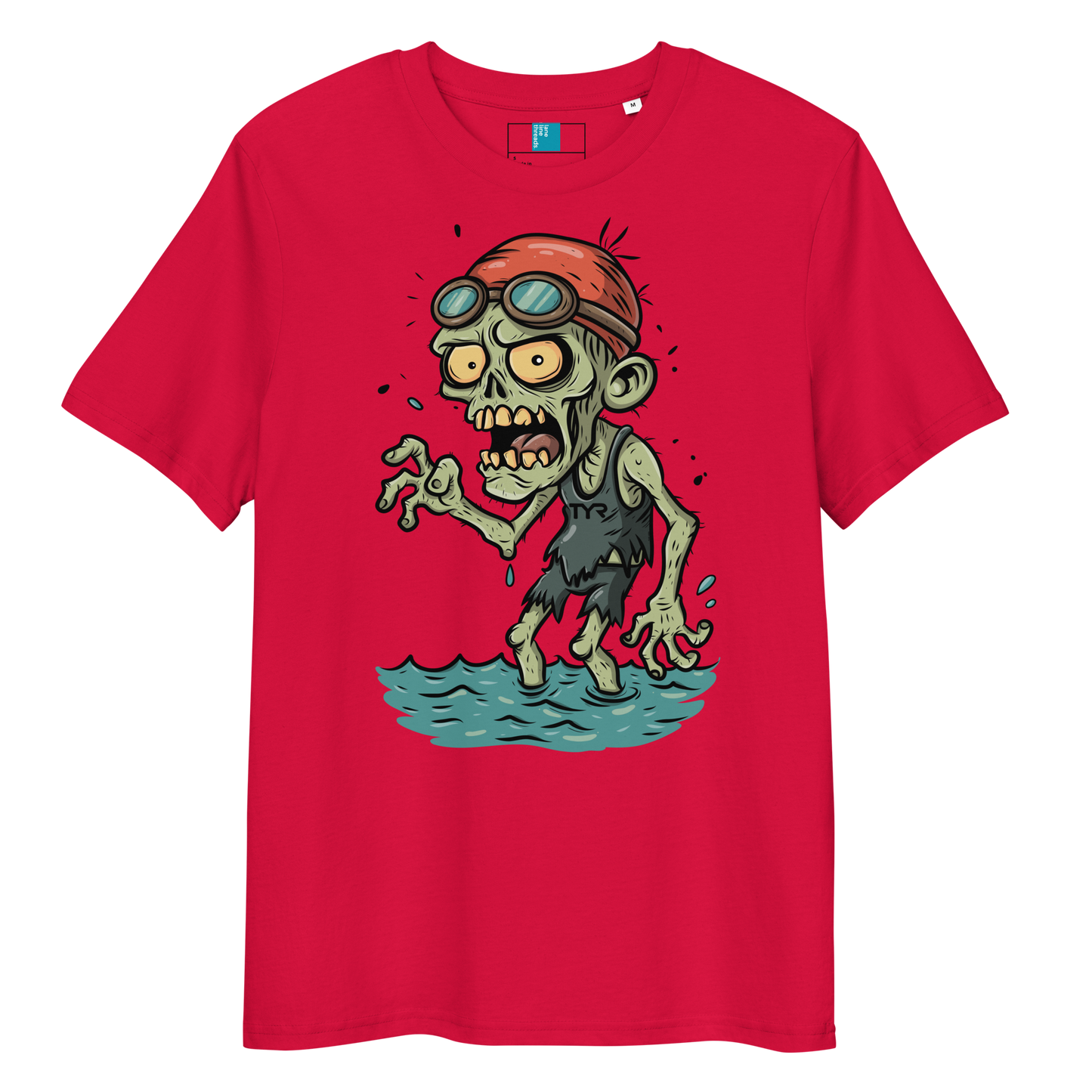 Cartoon zombie swimmer in red cap and blue goggles emerging from water, printed on red organic cotton Halloween swim shirt by Lane Line Threads