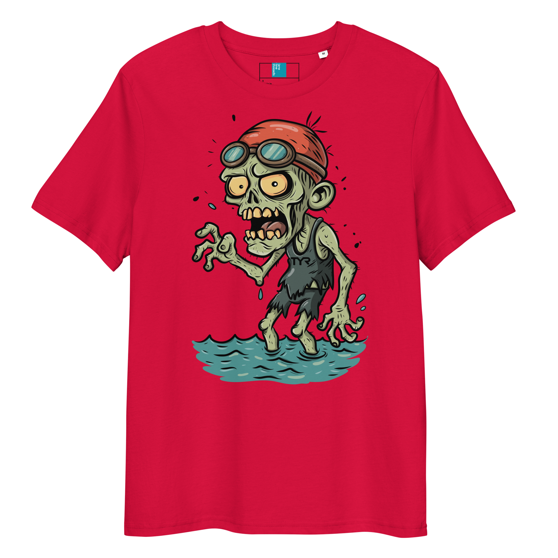 Cartoon zombie swimmer in red cap and blue goggles emerging from water, printed on red organic cotton Halloween swim shirt by Lane Line Threads
