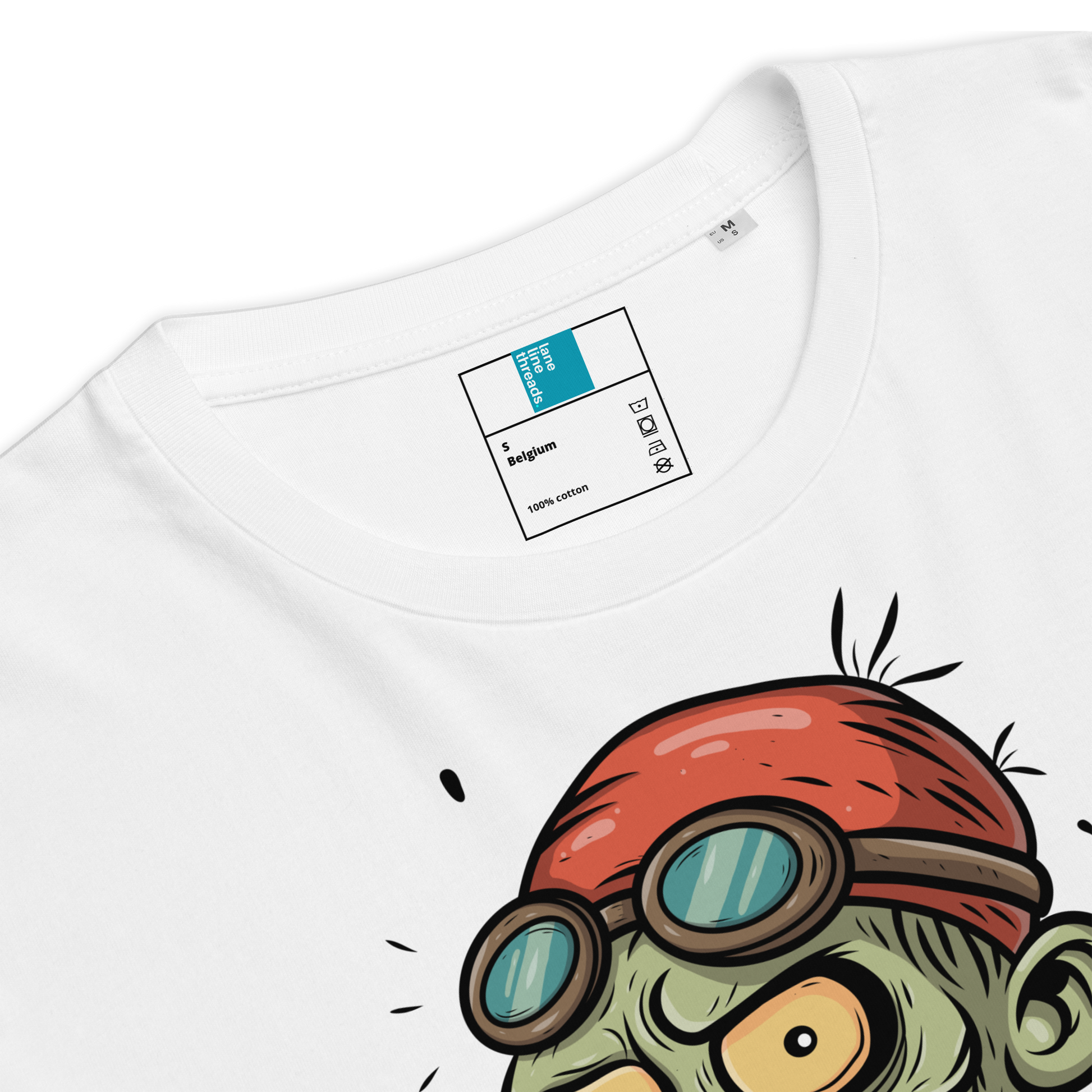 White t-shirt with a cartoon zombie character wearing a red swim cap and goggles, Lane Line Threads brand label visible.