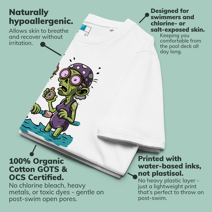White organic Halloween swim shirt with a cartoon zombie character on a light green background, featuring text about product features.