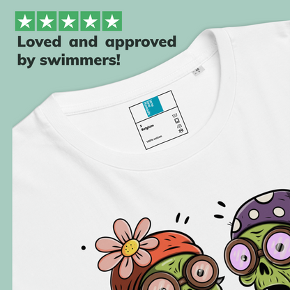 White organic Halloween swim shirt with cartoon design and Lane Line Threads brand label on a light green background.