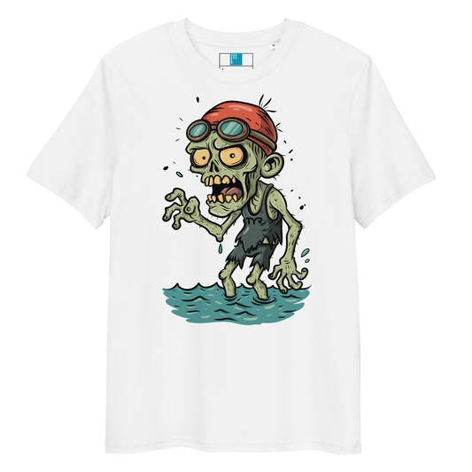 Cartoon zombie swimmer in red cap and blue goggles emerging from water, printed on white organic cotton Halloween swim shirt by Lane Line Threads