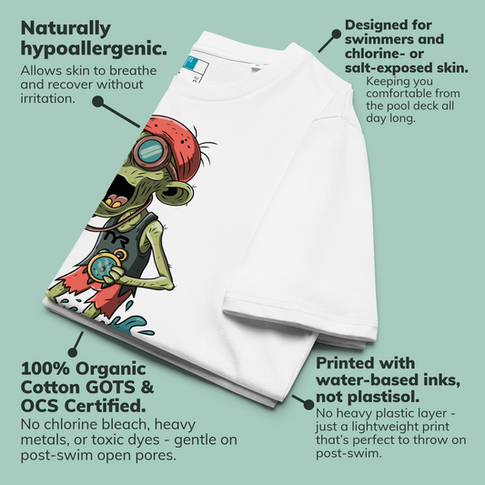 White folded organic Halloween swim shirt with product features highlighted on a green background