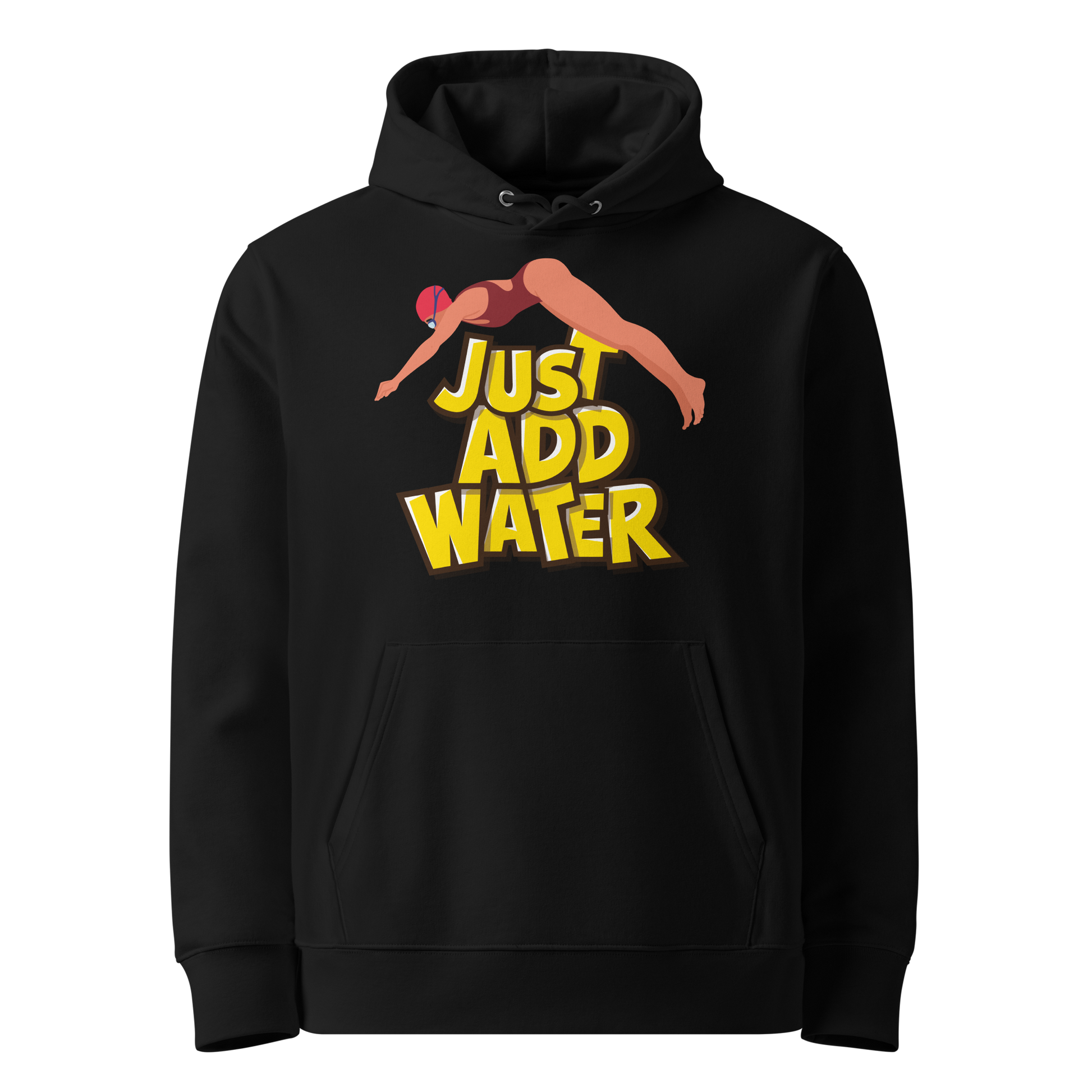 Organic hoodie in black by Lane Line Threads with a “Just Add Water” swim graphic and female swimmer illustration, made from GOTS and OCS certified organic cotton.