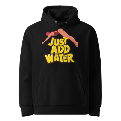 Organic hoodie in black by Lane Line Threads with a “Just Add Water” swim graphic and female swimmer illustration, made from GOTS and OCS certified organic cotton.
