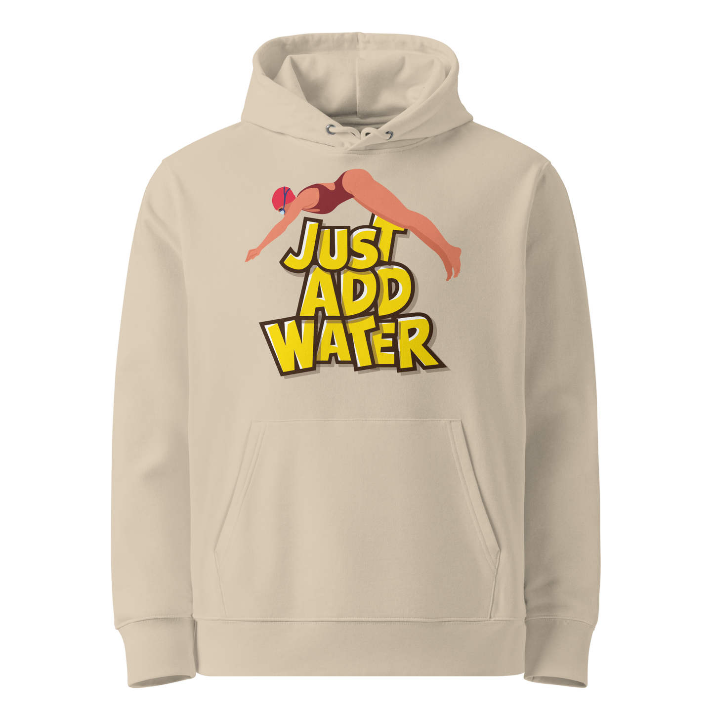 Organic hoodie in beige by Lane Line Threads with a “Just Add Water” swim graphic and female swimmer illustration, made from GOTS and OCS certified organic cotton.