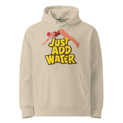 Organic hoodie in beige by Lane Line Threads with a “Just Add Water” swim graphic and female swimmer illustration, made from GOTS and OCS certified organic cotton.