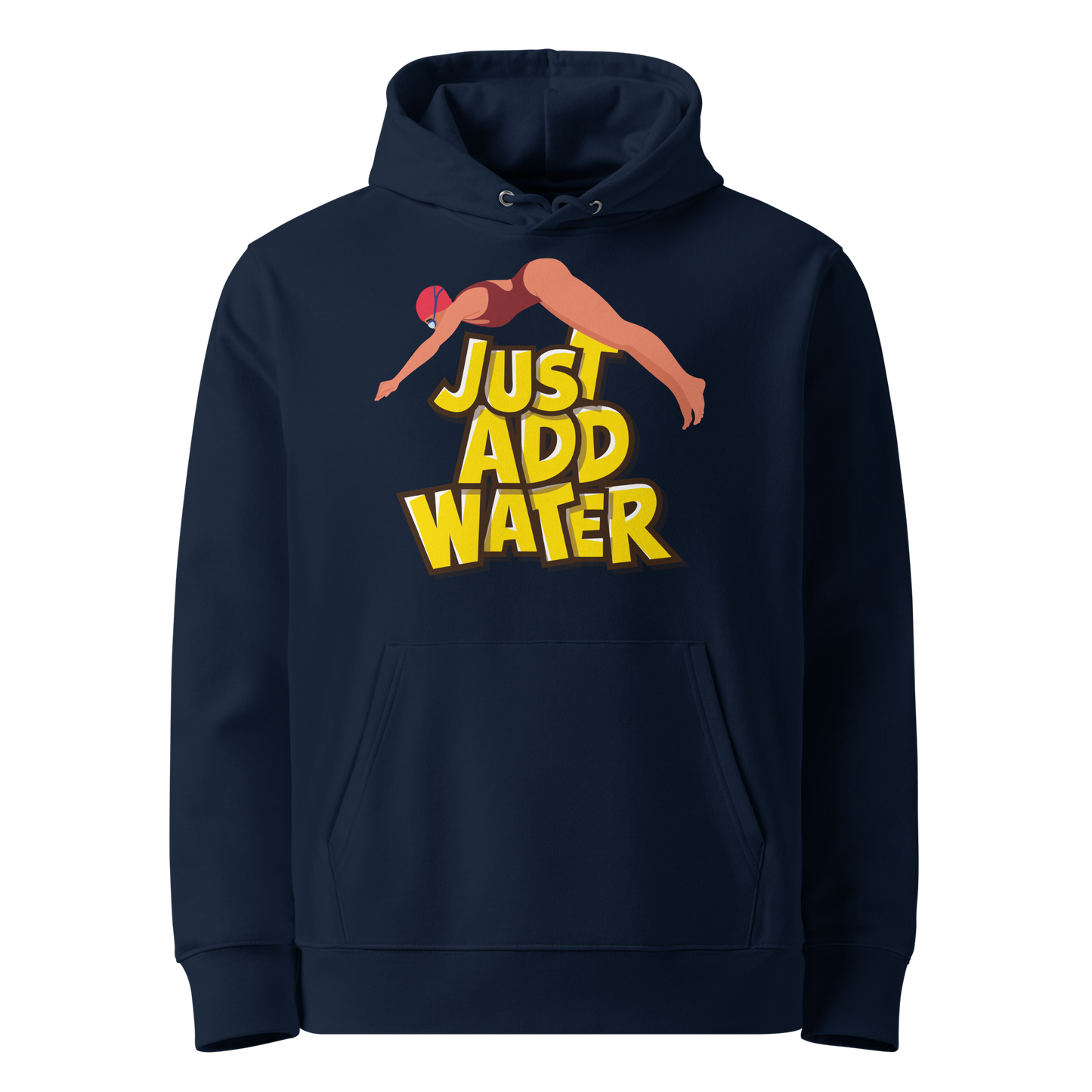 Organic hoodie in navy blue by Lane Line Threads with a “Just Add Water” swim graphic and female swimmer illustration, made from GOTS and OCS certified organic cotton.