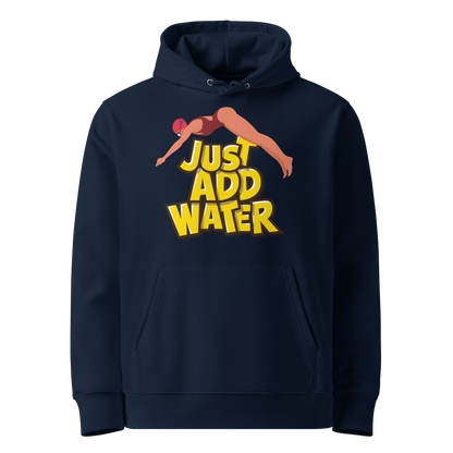 Organic hoodie in navy blue by Lane Line Threads with a “Just Add Water” swim graphic and female swimmer illustration, made from GOTS and OCS certified organic cotton.