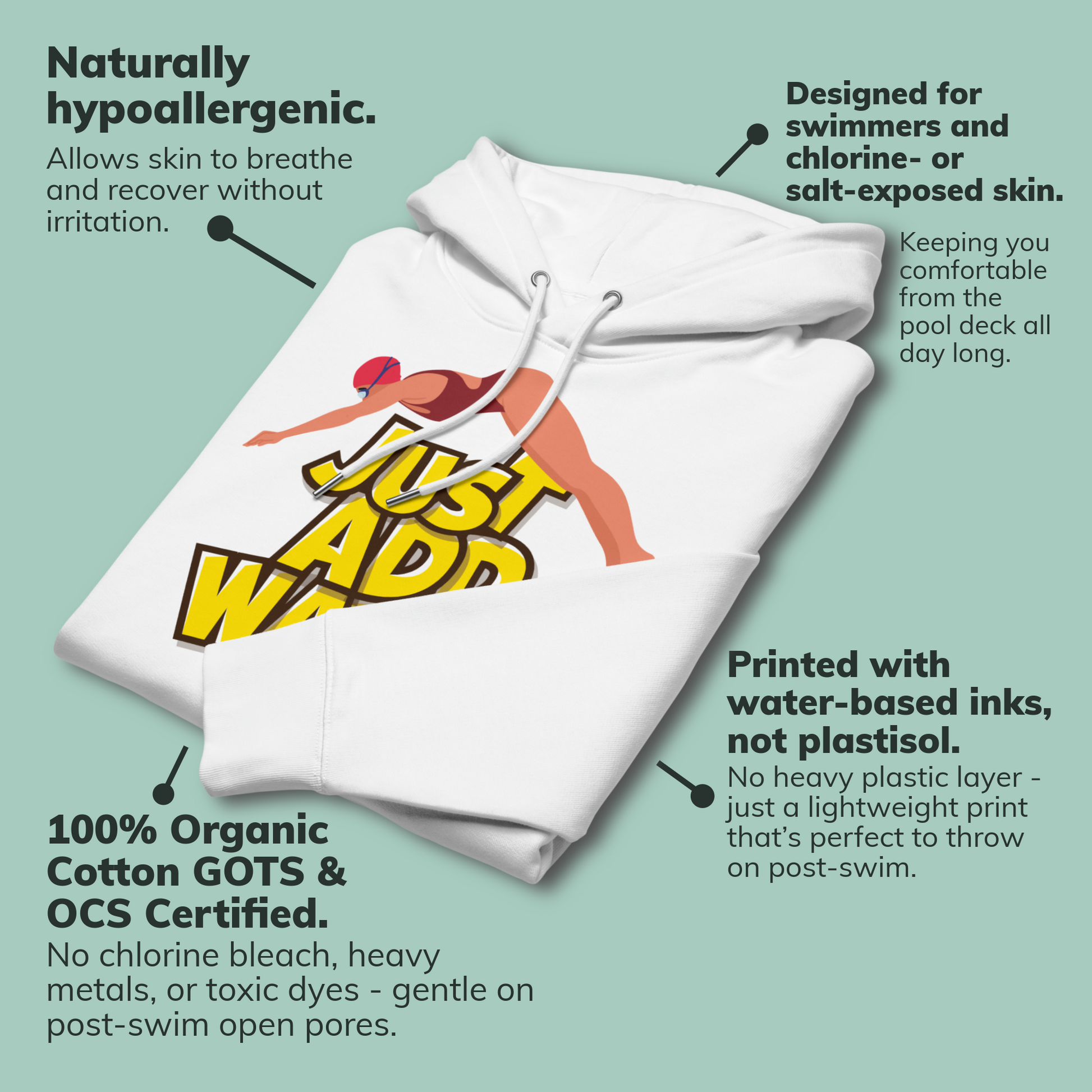 Organic hoodie in white by Lane Line Threads with a “Just Add Water” swim graphic and diver illustration, made from GOTS and OCS certified organic cotton, shown on a light teal background with callout text describing product benefits.
