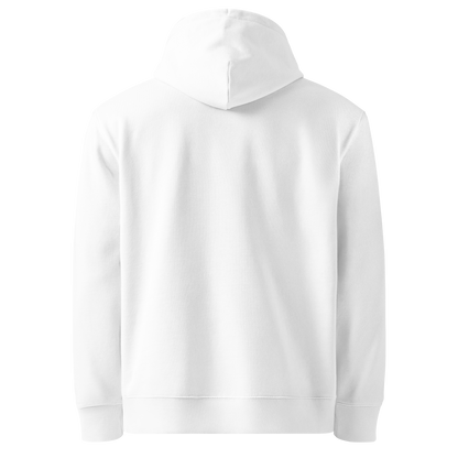 Organic hoodie in white by Lane Line Threads with a “Just Add Water” swim graphic and female swimmer illustration, made from GOTS and OCS certified organic cotton showing from back