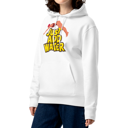 A woman with curly brown hair wearing an organic hoodie in white by Lane Line Threads with a “Just Add Water” swim graphic and female swimmer illustration, made from GOTS and OCS certified organic cotton.